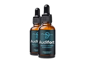 Two bottles of Audifort liquid drops with droppers