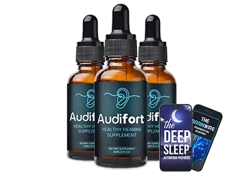 Three bottles of Audifort liquid drops with the two e-books
