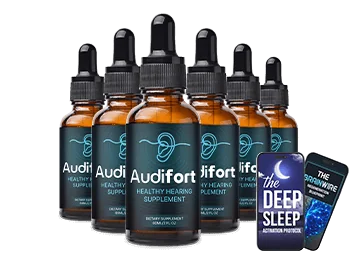 Six bottles of Audifort liquid drops with the two e-books